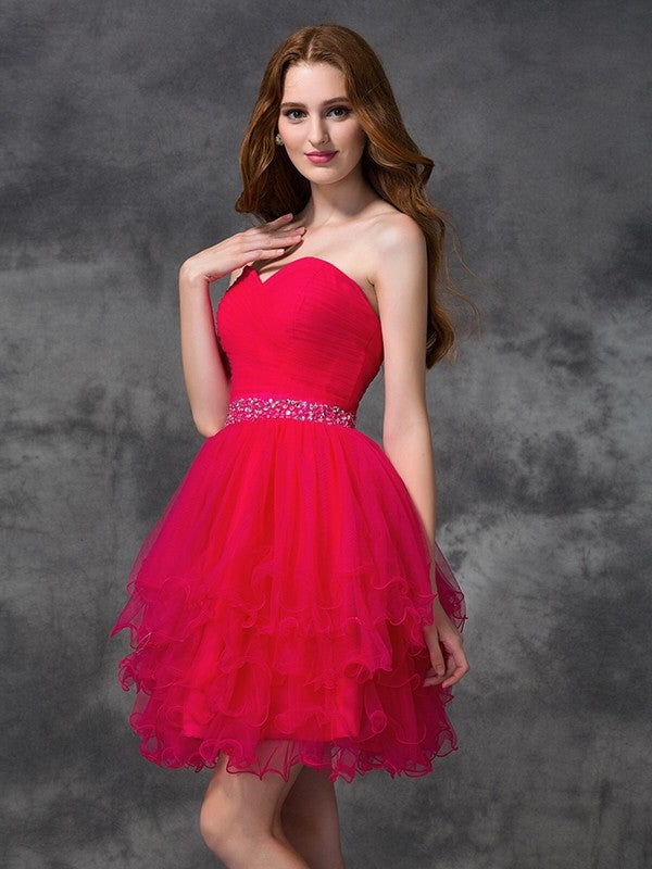 A-Line/Princess Sweetheart Beading Satin Sandy Homecoming Dresses Cocktail Sleeveless Short Dresses