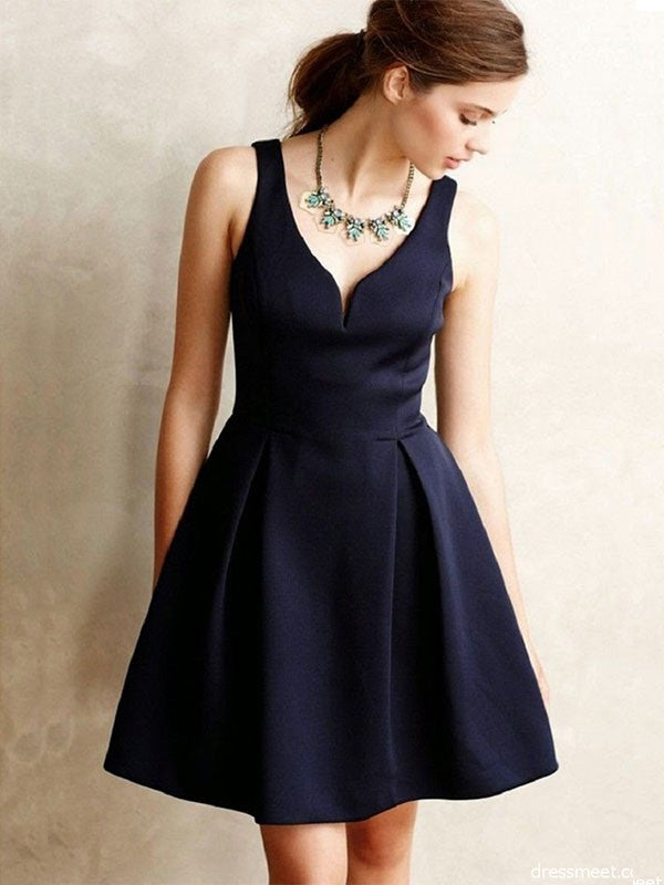 A-Line/Princess Sleeveless Short/Mini Homecoming Dresses Holly Satin Ruffles V-Neck Dresses