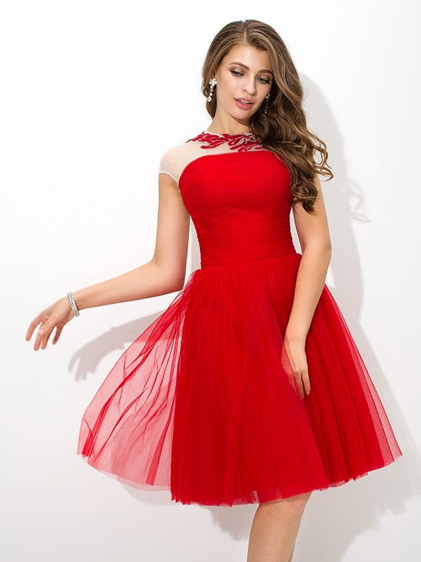 A-Line/Princess Sheer Neck Applique Sleeveless Short Net Homecoming Dresses Hailey Cocktail Dresses