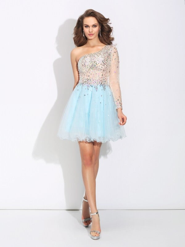 A-Line/Princess Satin Meadow Homecoming Dresses One-Shoulder Beading Long Sleeves Short Elastic Woven Dresses
