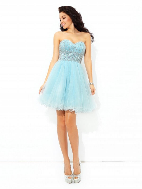 Zion Satin Homecoming Dresses Cocktail A-Line/Princess Sweetheart Beading Short Sleeveless Dresses