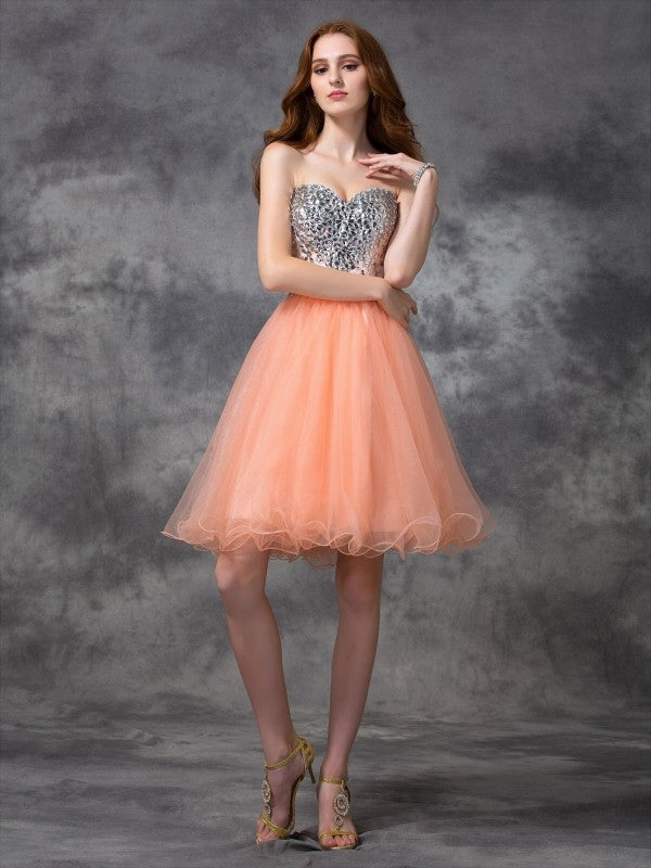 A-Line/Princess Cocktail Homecoming Dresses Amiah Spaghetti Straps Beading Sleeveless Short Net Dresses