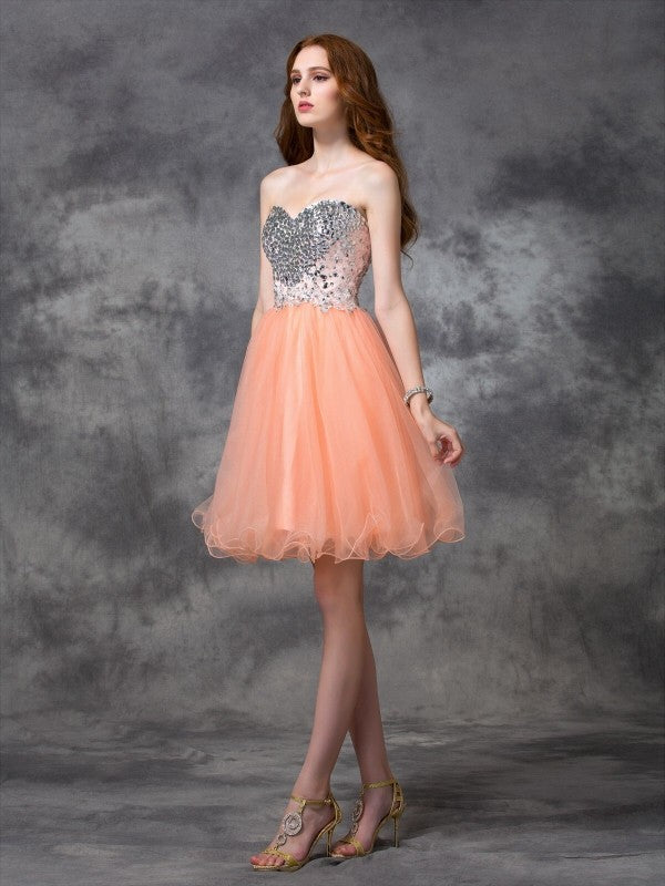 A-Line/Princess Cocktail Homecoming Dresses Amiah Spaghetti Straps Beading Sleeveless Short Net Dresses