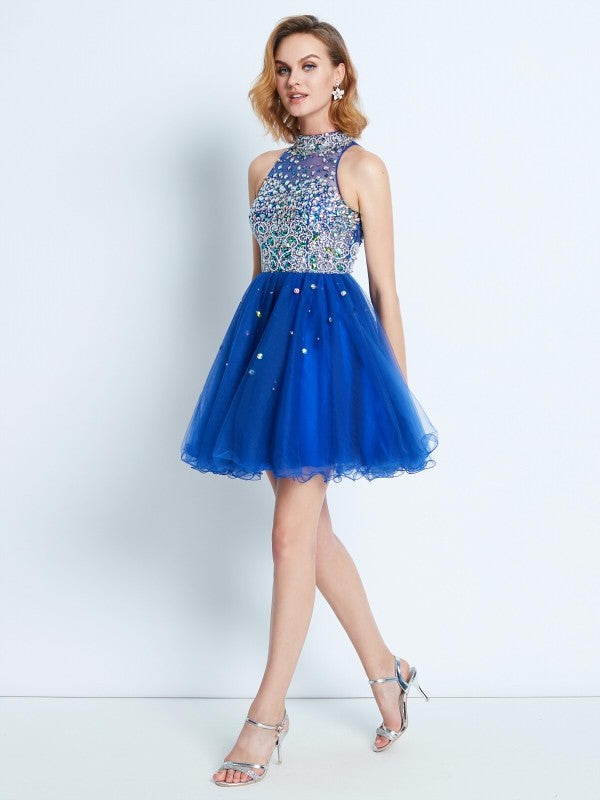 A-Line/Princess High Homecoming Dresses Lina Neck Ruffles Sleeveless Short/Mini Net Dress