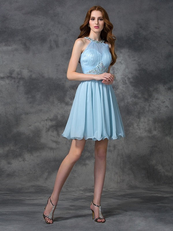 Cocktail Jazmin Homecoming Dresses Chiffon A-Line/Princess Scoop Beading Sleeveless Short Dresses