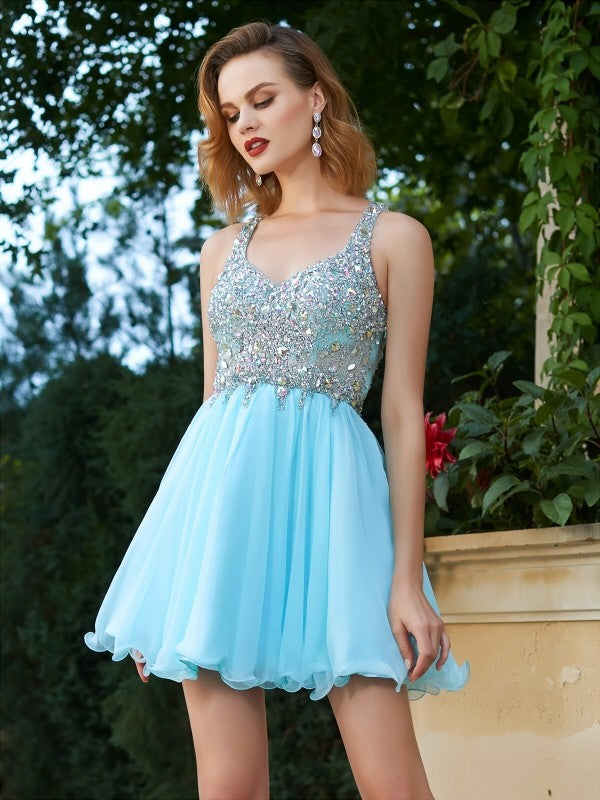 A-Line/Princess Sleeveless Rhinestone Straps Short/Mini Dresses Chiffon Homecoming Dresses Cassie