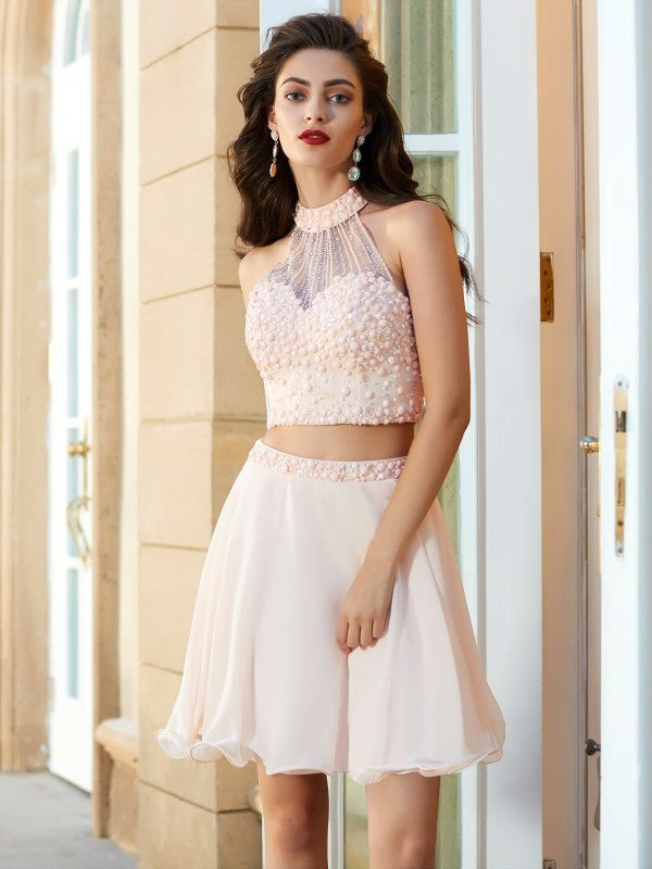A-Line/Princess Halter Beading Sleeveless Short/Mini Two Piece Homecoming Dresses Chiffon Savannah Dresses