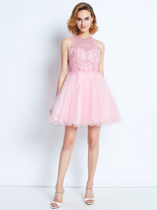 A-Line/Princess Shayla Homecoming Dresses Sleeveless Jewel Short/Mini Net Ruffles Dresses