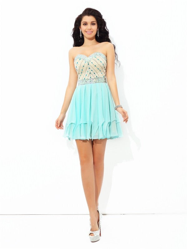 A-Line/Princess Sweetheart Beading Short Homecoming Dresses Cocktail Maren Chiffon Sleeveless Dresses