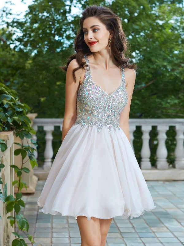 A-Line/Princess Straps Sleeveless Rhinestone Short/Mini Chiffon Homecoming Dresses Lillie Dresses