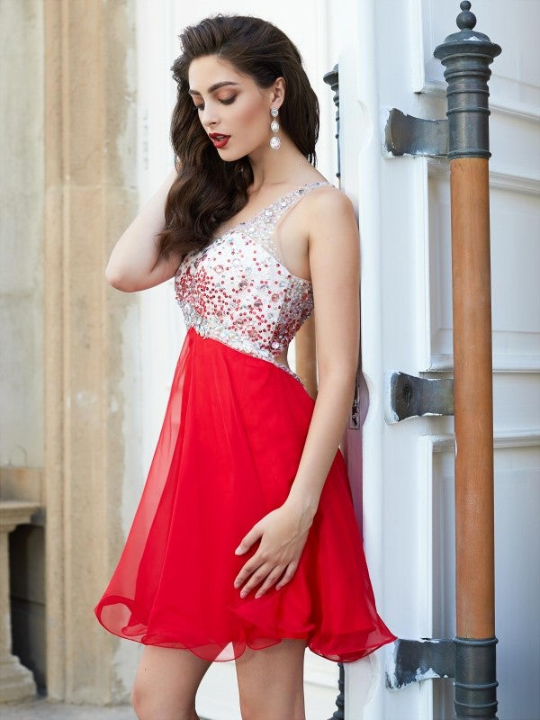 A-Line/Princess One-Shoulder Beading Lyric Homecoming Dresses Chiffon Sleeveless Short/Mini Dresses