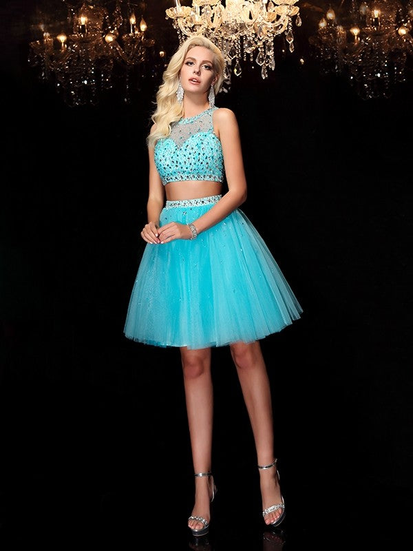 A-Line/Princess Scoop Rhinestone Sleeveless Short Net Dresses Homecoming Dresses Viola