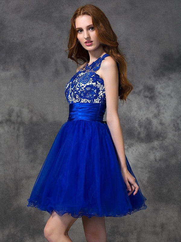 A-Line/Princess One-Shoulder Homecoming Dresses Lace Natalya Satin Sleeveless Short Dresses