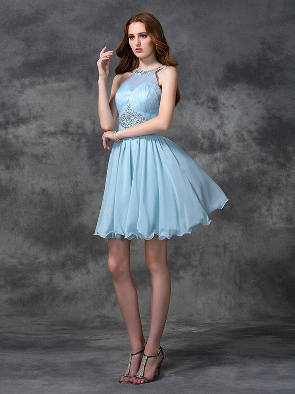 Cocktail Jazmin Homecoming Dresses Chiffon A-Line/Princess Scoop Beading Sleeveless Short Dresses