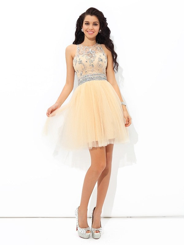 A-Line/Princess Sheer Neck Beading Sleeveless Short Cocktail Alejandra Homecoming Dresses Net Dresses
