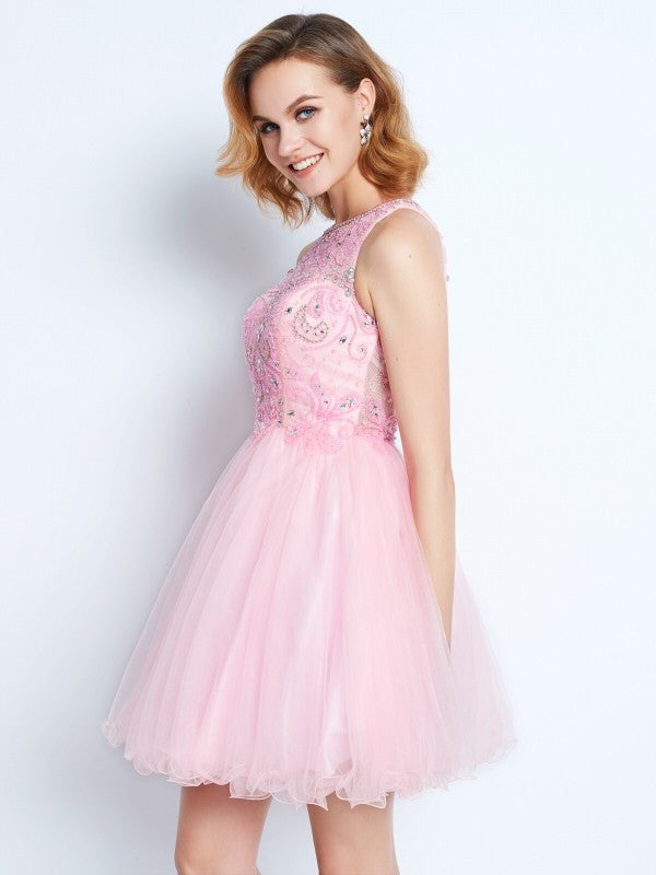 A-Line/Princess Shayla Homecoming Dresses Sleeveless Jewel Short/Mini Net Ruffles Dresses