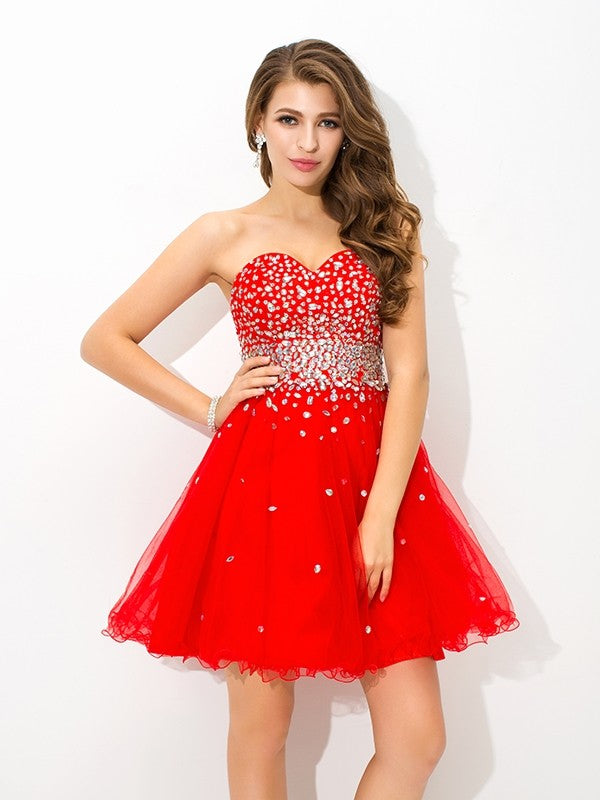 A-Line/Princess Sweetheart Beading Sleeveless Short Organza Dresses Cocktail Pru Homecoming Dresses