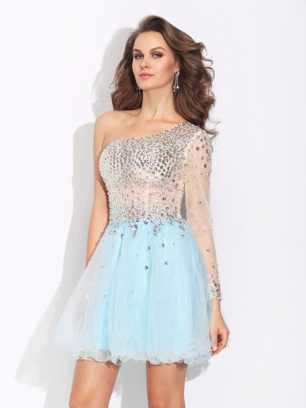 A-Line/Princess Satin Meadow Homecoming Dresses One-Shoulder Beading Long Sleeves Short Elastic Woven Dresses
