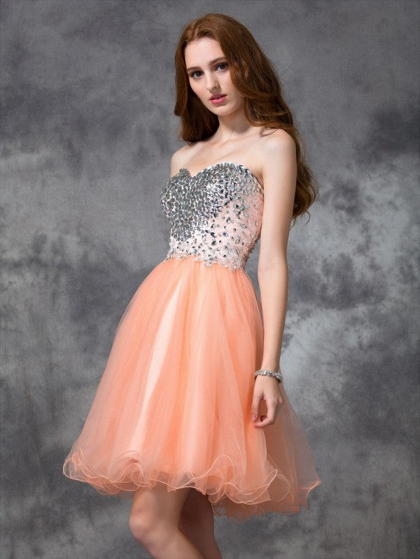 A-Line/Princess Cocktail Homecoming Dresses Amiah Spaghetti Straps Beading Sleeveless Short Net Dresses