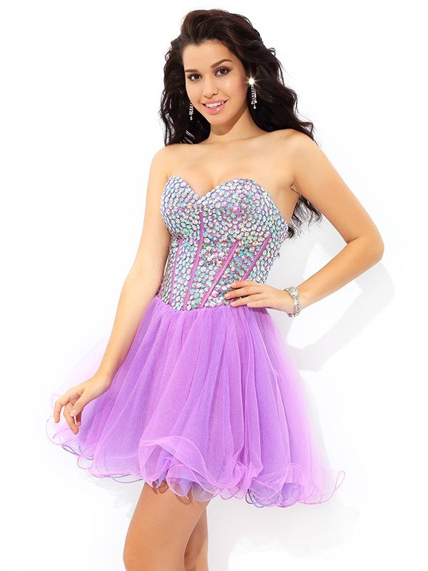 A-Line/Princess Sweetheart Paillette Sleeveless Short Net Dresses Dania Cocktail Homecoming Dresses