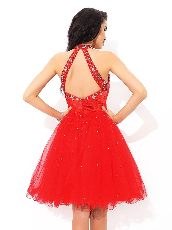 A-Line/Princess High Neck Beading Sleeveless Short Net Dresses Cocktail Homecoming Dresses Hilary