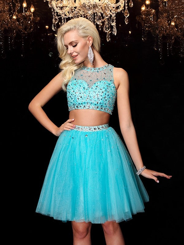 A-Line/Princess Scoop Rhinestone Sleeveless Short Net Dresses Homecoming Dresses Viola