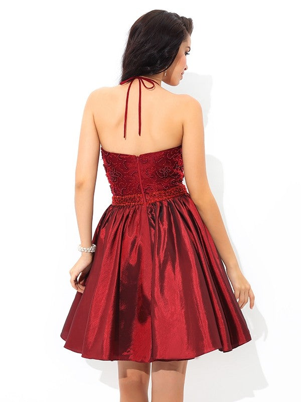 A-Line/Princess Halter Beading Sleeveless Short Taffeta Dresses Madilynn Cocktail Homecoming Dresses