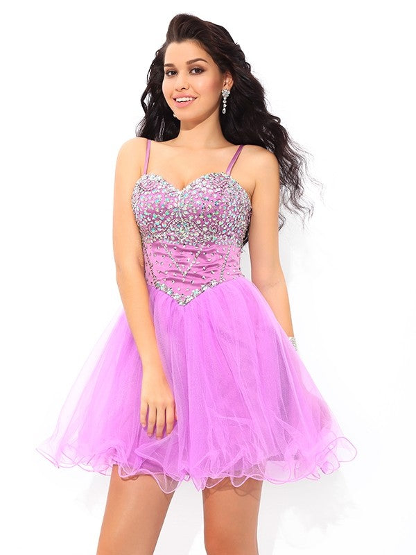 A-Line/Princess Spaghetti Straps Paillette Sleeveless Cocktail Lesley Homecoming Dresses Short Net Dresses