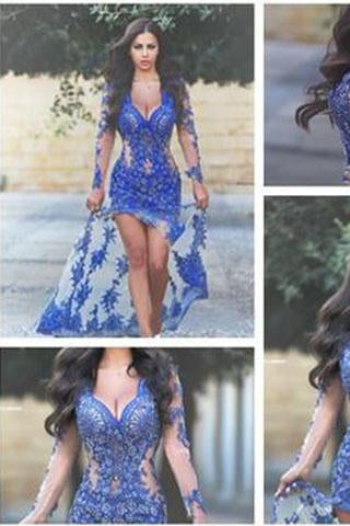 Royal Blue with Long Sleeves Lace Applique Sheer Split V-Neck Backless Sexy Prom Dresses RS48