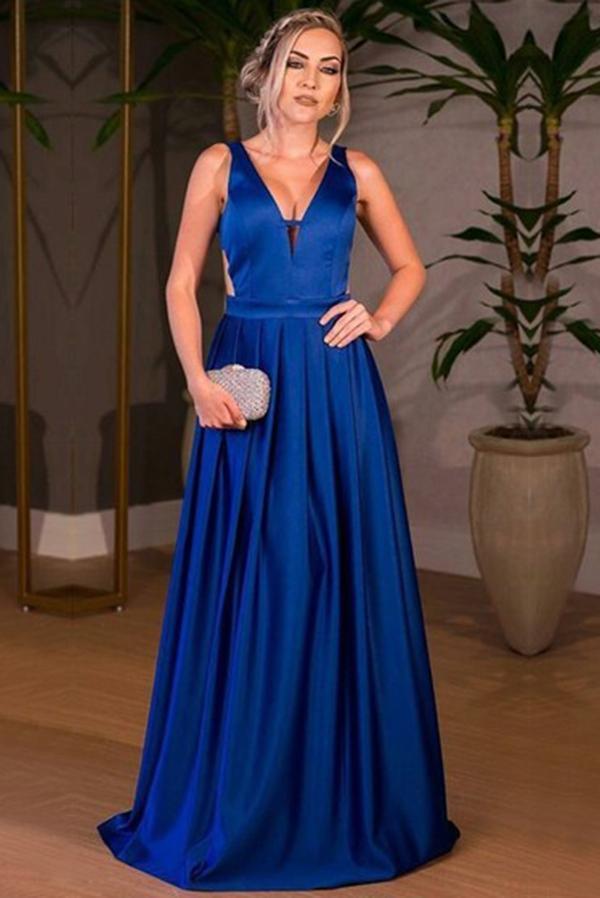 Royal Blue Satin V-neck A-line Floor-length Ruched Backless Prom Dresses RS610