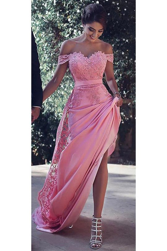 Pink Sheath Off-the-Shoulder Sweep Train Prom Dress with Lace Sash Ruffles RS779