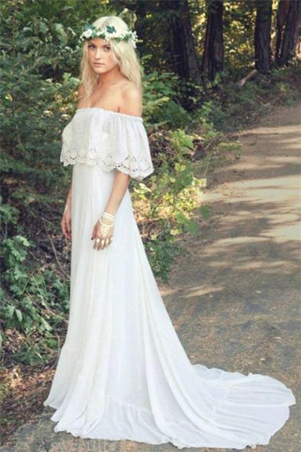 A Line Off the Shoulder Bohemian Lace Chiffon Ivory Summer Beach Wedding Dresses RS712