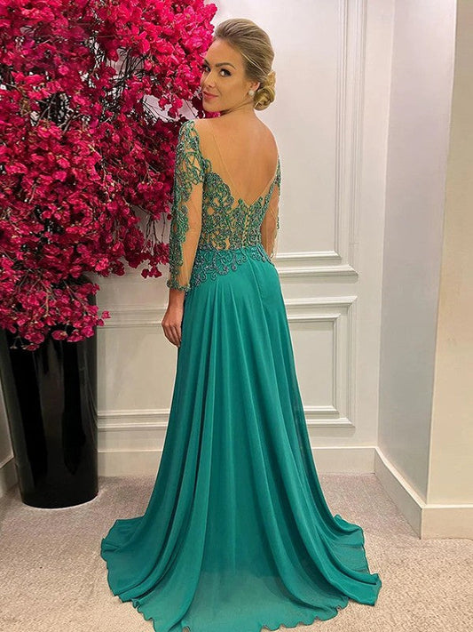 Judy A-Line/Princess Chiffon Applique Scoop Long Sleeves Sweep/Brush Train Mother of the Bride Dresses DSP0020448