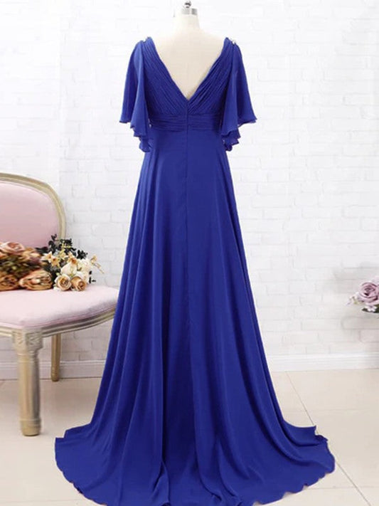 Lucile A-Line/Princess Chiffon Beading V-neck Short Sleeves Sweep/Brush Train Mother of the Bride Dresses DSP0020288