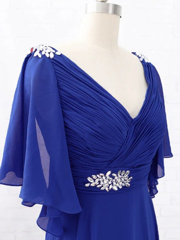 Lucile A-Line/Princess Chiffon Beading V-neck Short Sleeves Sweep/Brush Train Mother of the Bride Dresses DSP0020288