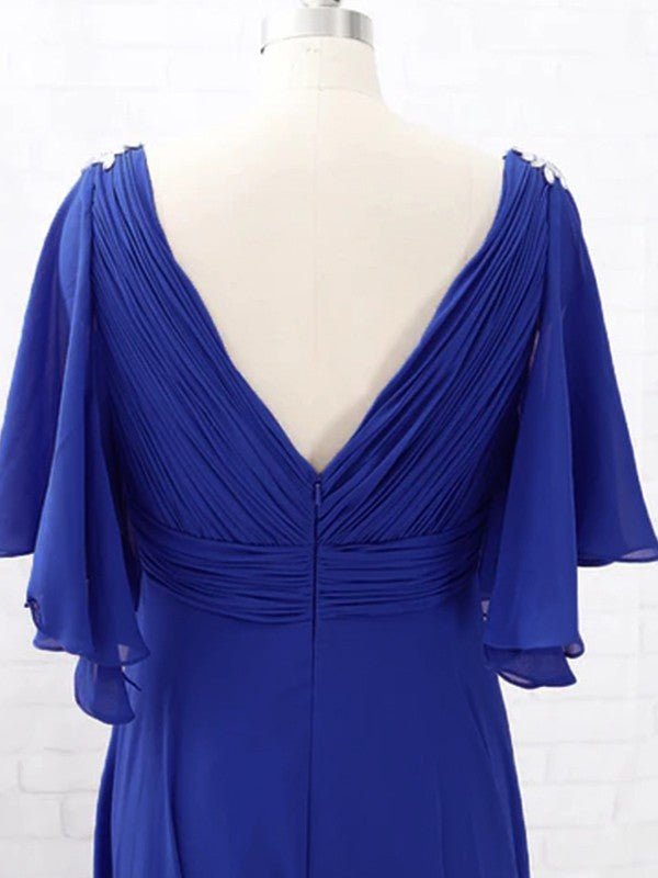 Lucile A-Line/Princess Chiffon Beading V-neck Short Sleeves Sweep/Brush Train Mother of the Bride Dresses DSP0020288