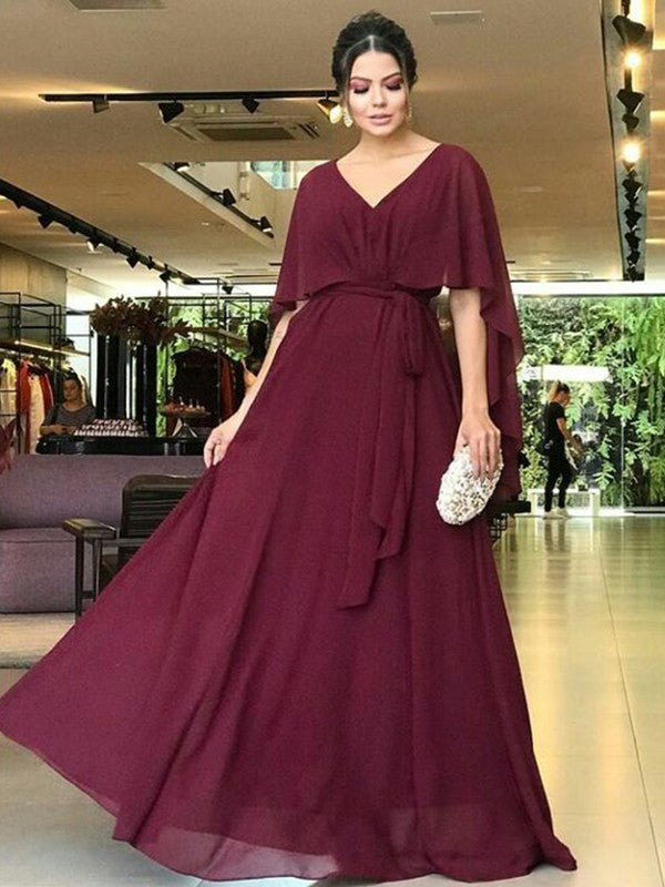 Kaylee A-Line/Princess Chiffon Sash/Ribbon/Belt V-neck Short Sleeves Floor-Length Mother of the Bride Dresses DSP0020293