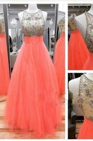Prom Dresses Scoop Long Tulle Coral Beads Sheer Back High Neck Sleeveless Evening Dress RS867