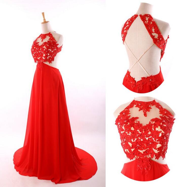 Red Backless Sexy Lace Unique Halter A-Line Slit Criss Cross Sleeveless Prom Dresses RS948