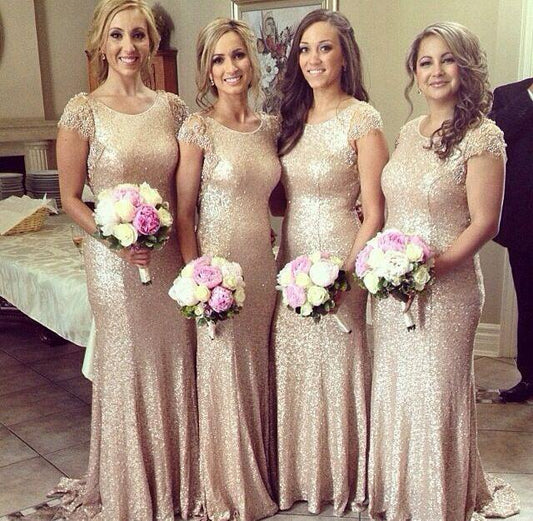sparkle long champagne sequin bridesmaid dress lace sleeves bridesmaid dress RS717