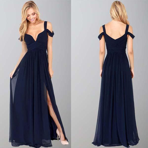 Navy Blue Off-The-Shoulder Long Chiffon Formal With Straps Sleeves Modest Bridesmaid Gown RS77