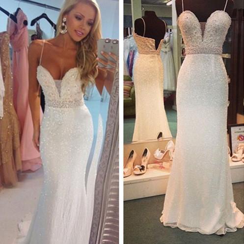 Prom Dresses Sexy Mermaid Spaghetti Strap Crystal Floor Length Formal Occasion Dress RS707