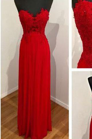 Red chiffon lace long sweetheart neck elegant party dress simple evening dress dress for teens L596