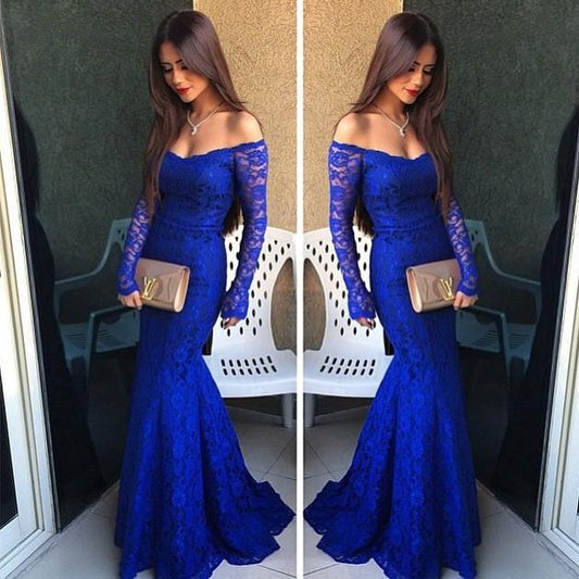 Royal Blue Lace Long Sleeves Sexy Prom Dresses for Teens RS389