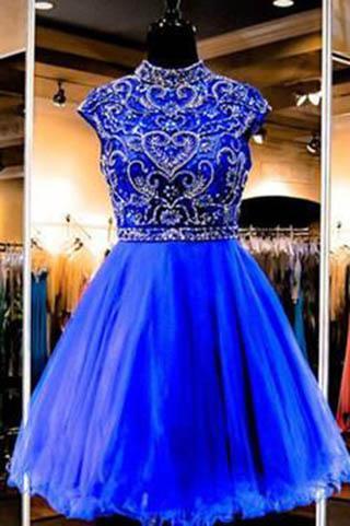 Royal Blue Homecoming Dress Short Tulle Fitted Party Dress Beading Prom Dresses RS896
