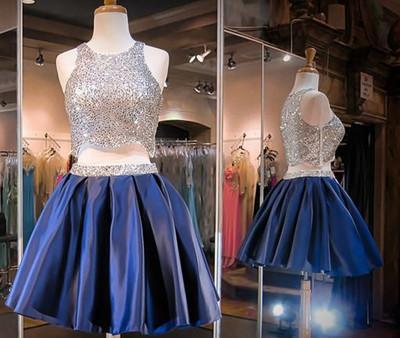 Navy Blue Two Piece Beading Short Prom Gown Sweet 16 Dress Bling Homecoming Dress RS877