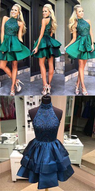 Pretty A-line High Neck Above-knee Beaded Dark Blue Backless Short Homecoming Dresses RS165
