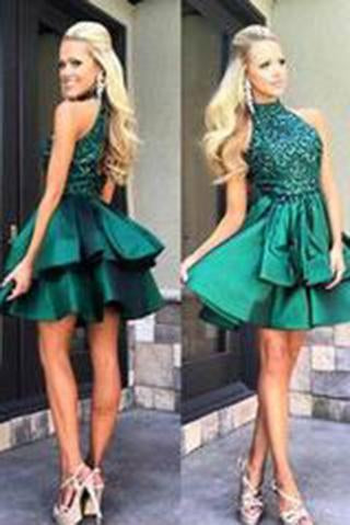 Pretty A-line High Neck Above-knee Beaded Dark Blue Backless Short Homecoming Dresses RS165