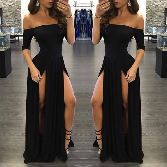 Sexy Black Long Off-the-Shoulder A-Line Half Sleeve Scoop Sexy Slit Prom Dresses RS790