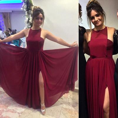 Pretty Burgundy Halter Sleeveless Long Chiffon Prom Dresses Open Back Prom Dresses RS135